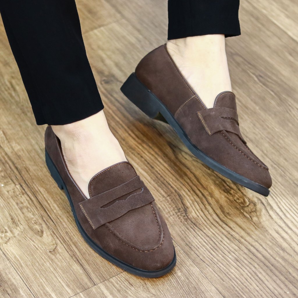 Giày lười nam chất liệu da lộn đế cao su đúc êm mềm mã G077 màu nâu