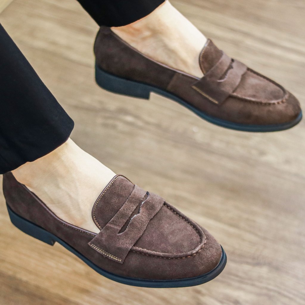 Giày lười nam chất liệu da lộn đế cao su đúc êm mềm mã G077 màu nâu