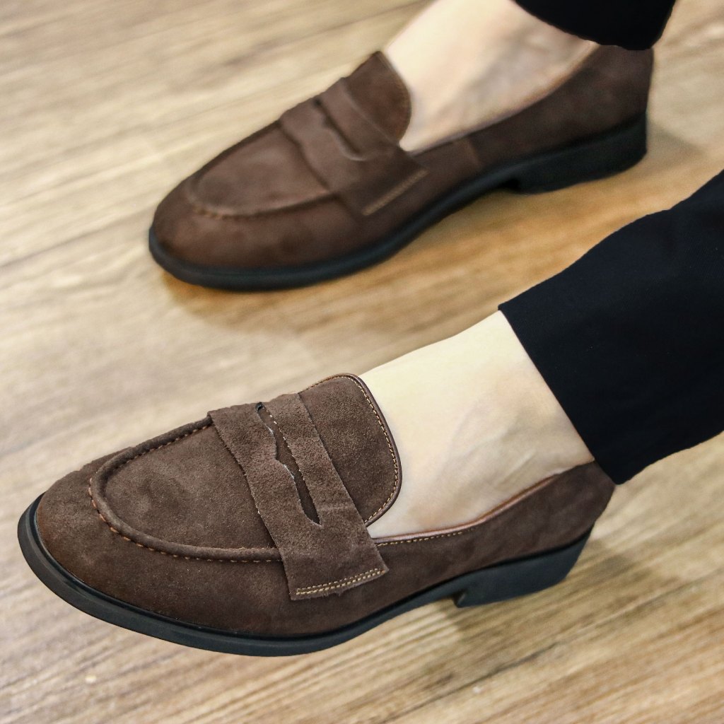 Giày lười nam chất liệu da lộn đế cao su đúc êm mềm mã G077 màu nâu