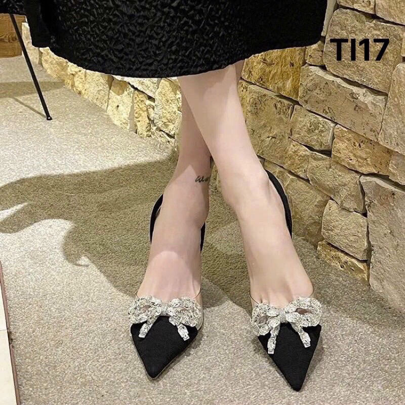Giày sandal cao gót bít mũi nhọn nơ đá hột to phối trong gót 6p