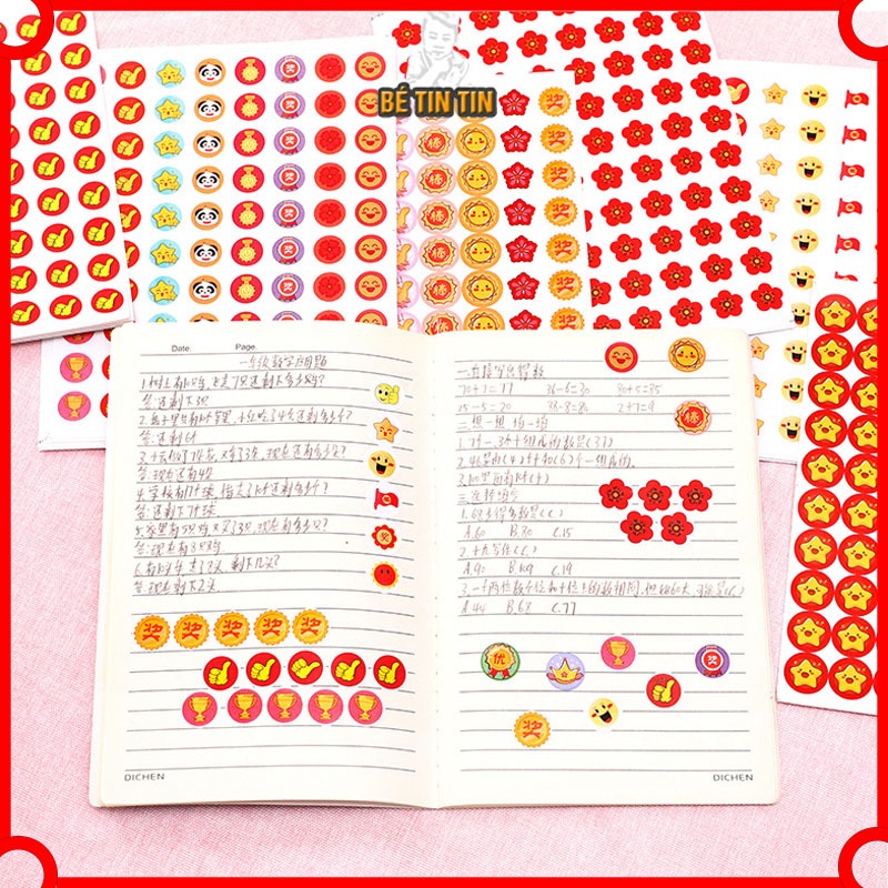 Sticker khen thưởng học sinh dán sổ cute dễ thương, sticker mặt cười ngôi sao đồ dùng học tập văn phòng phẩm
