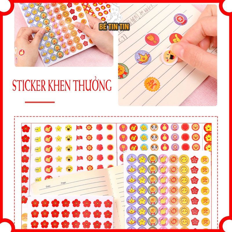 Sticker khen thưởng học sinh dán sổ cute dễ thương, sticker mặt cười ngôi sao đồ dùng học tập văn phòng phẩm