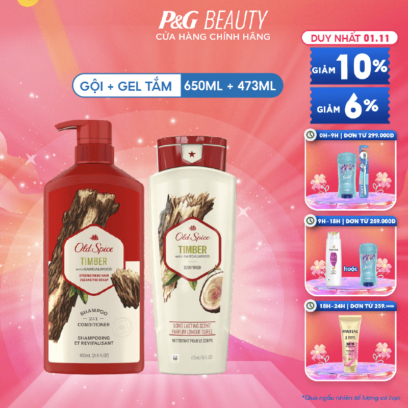 Combo OLD SPICE: Dầu Gội 650ml & Gel Tắm 473ml - Hương Nước Hoa Cho Nam Gỗ Đàn Hương