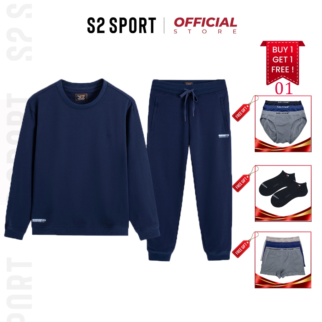 Đồ bộ nỉ nam A S2 SPORT SBNF01 áo sweater cotton USA cổ tròn dài tay in chữ mặc nhà quần jogger cạp chun thể thao