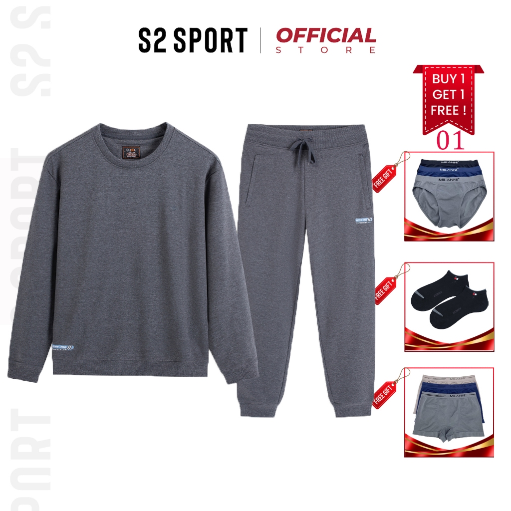 Bộ nỉ nam S2 SPORT SBNF01 áo sweater cotton USA cổ tròn dài tay in chữ mặc nhà phối quần jogger cạp chun bo gấu