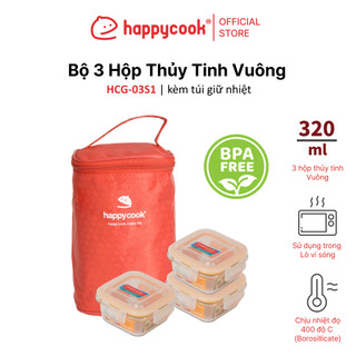Bộ 3 hộp thủy tinh Vuông 320ml + kèm túi giữ nhiệt HAPPYCOOK, HCG-03S1