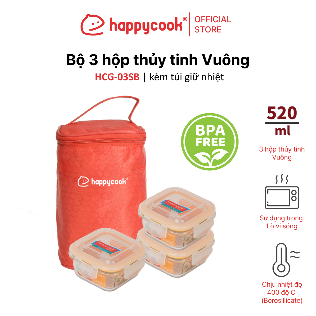 Bộ 3 hộp thủy tinh Vuông 520ml + kèm túi giữ nhiệt HAPPYCOOK, HCG-03SB