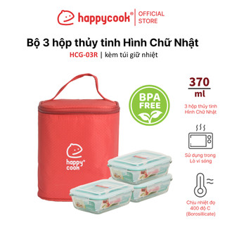 Bộ 3 Hộp Thủy Tinh Chữ Nhật 370ml + Túi Giữ Nhiệt HAPPYCOOK, HCG-03R