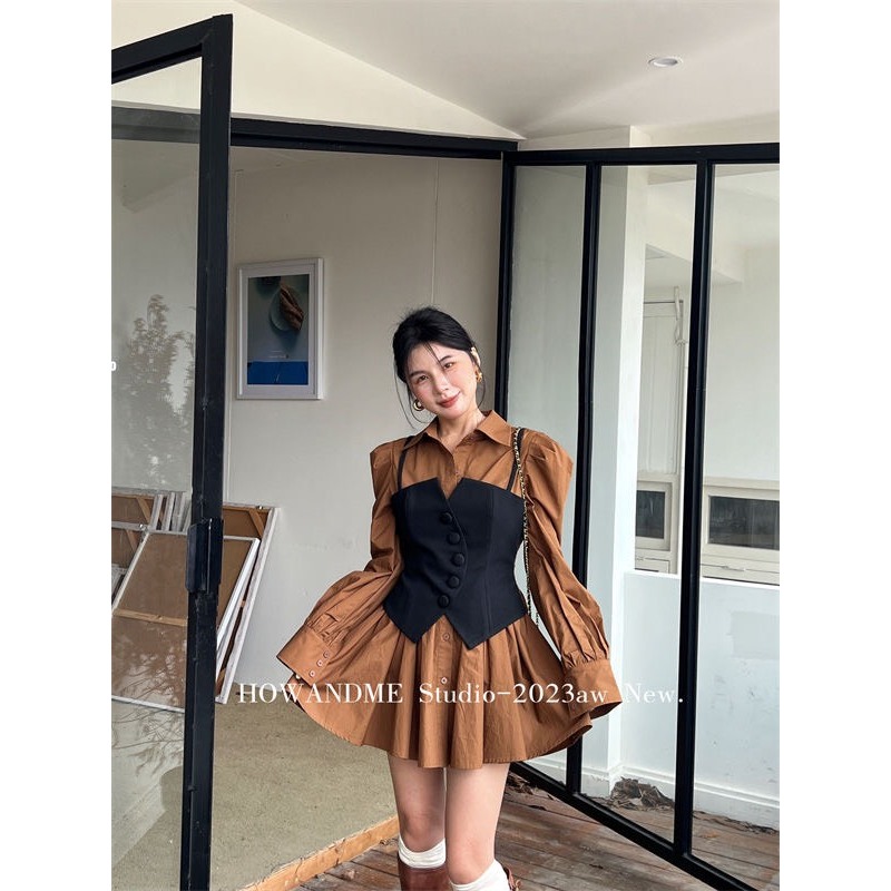 Áo váy sơ mi phối yếm 2 dây cực xinh, áo váy sơ mi dễ phối / Shyn.closet