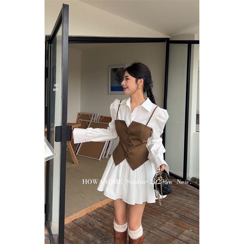 Áo váy sơ mi phối yếm 2 dây cực xinh, áo váy sơ mi dễ phối / Shyn.closet