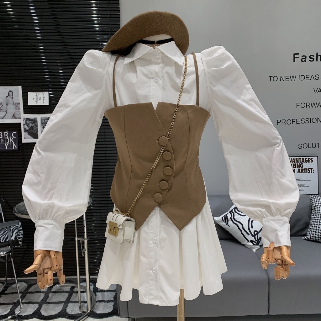 Áo váy sơ mi phối yếm 2 dây cực xinh, áo váy sơ mi dễ phối / Shyn.closet