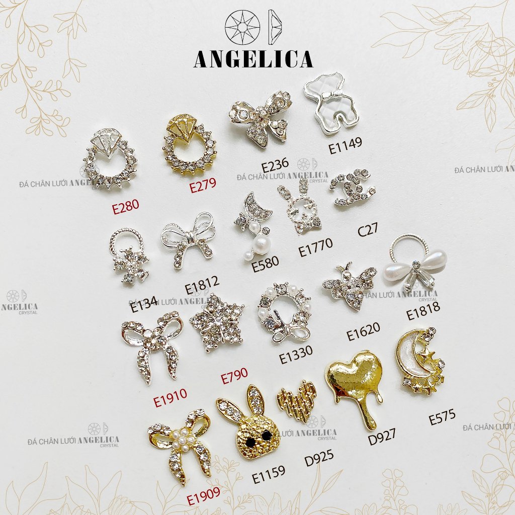 Set charm đá nail 5 chiếc hoặc 2 chiếc nơ, bướm, gấu kim loại ánh vàng, ánh bạc trang trí móng ANGELICA E
