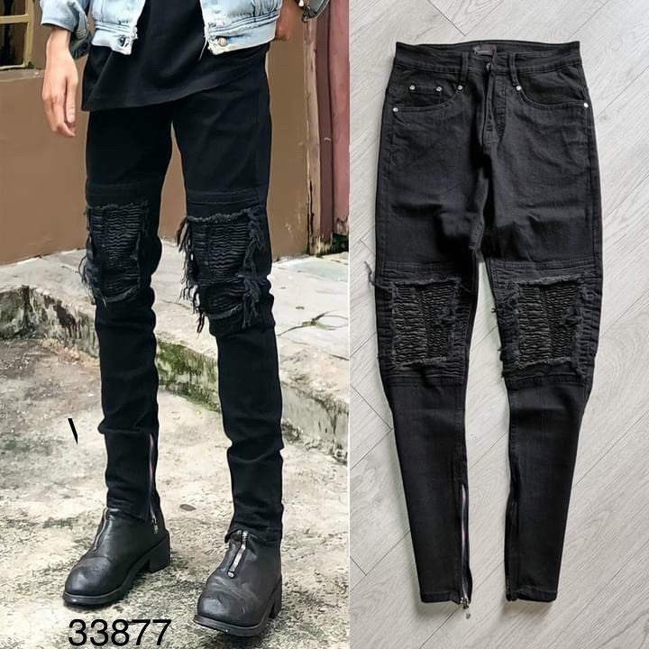 Quần jean dài nam amiri xanh bẩn vá da đen cứng sc 666