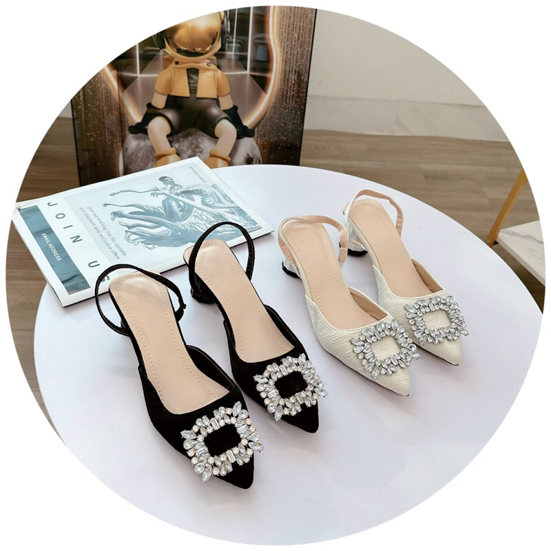 Dép sandal cao gót mũi nhọn lụa xước Đá Vuong Trắng gót trụ 5cm