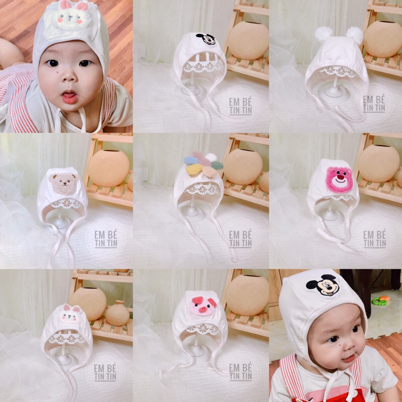 Mũ gấu cotton  - Mũ cục bông - Mũ đính gấu bông kute cho bé