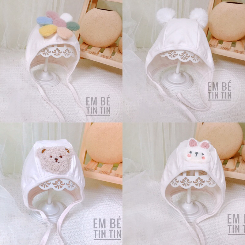 Mũ gấu cotton  - Mũ cục bông - Mũ đính gấu bông kute cho bé