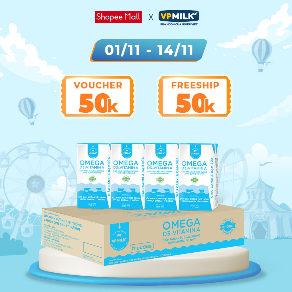 Sữa Dinh Dưỡng Tiệt Trùng VPMilk Omega Ít Đường dạng hộp 110ml (thùng 48 hộp)
