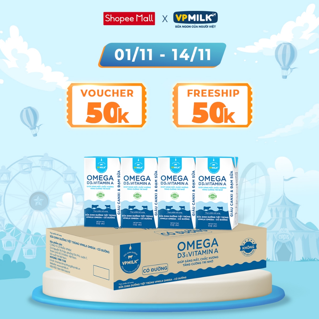 Sữa Dinh Dưỡng Tiệt Trùng VPMilk Omega Có Đường dạng hộp 110ml (thùng 48 hộp)