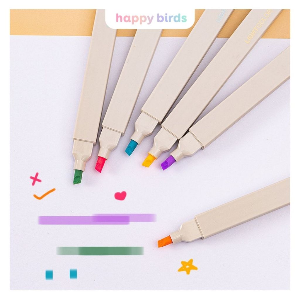 Bút highlight pastel bộ 6 bút 2 đầu thân vuông ghi nhớ đánh dấu bài vở trang trí sổ tay dạ quang HappyBirds