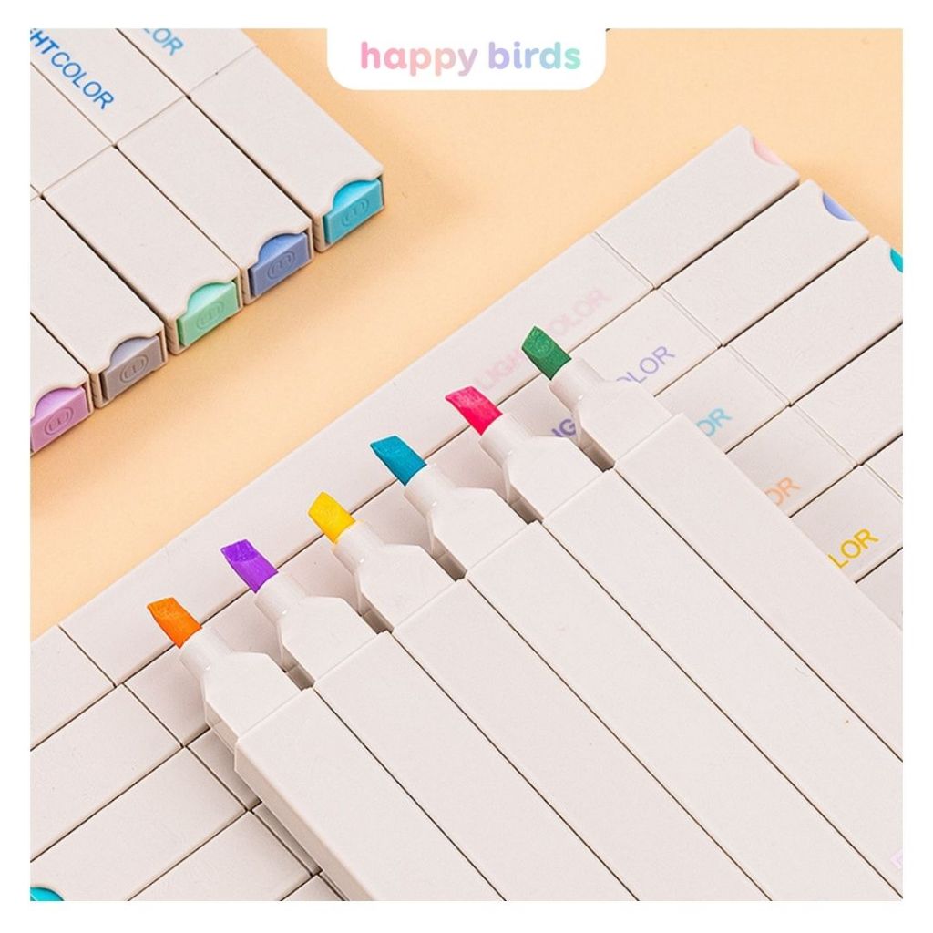 Bút highlight pastel bộ 6 bút 2 đầu thân vuông ghi nhớ đánh dấu bài vở trang trí sổ tay dạ quang HappyBirds