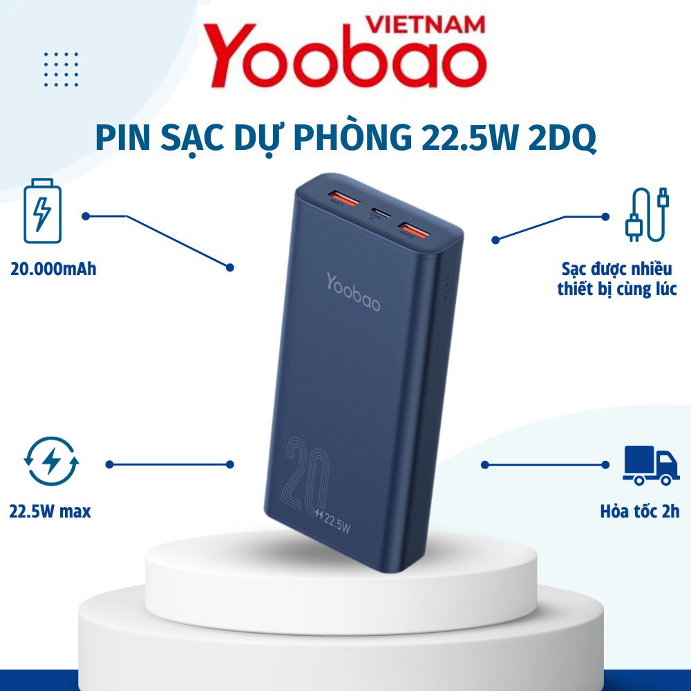 Pin sạc dự phòng 20000mAh 2DQ Yoobao PD 20 Sạc nhanh công suất 22,5W- Dùng cho Iphone 11,12, Huawei