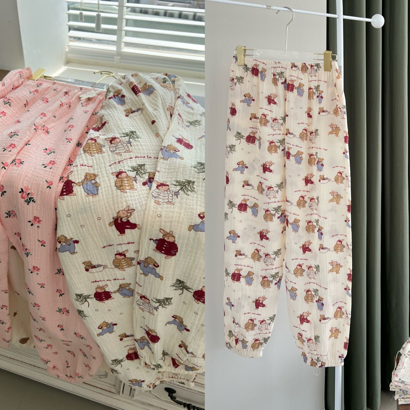 𝐚𝐬𝐡𝐞𝐱𝐢𝐧𝐜𝐡𝐚𝐨:  quần dài mặc nhà muslin  nhiều hoạ tiết bo gấu