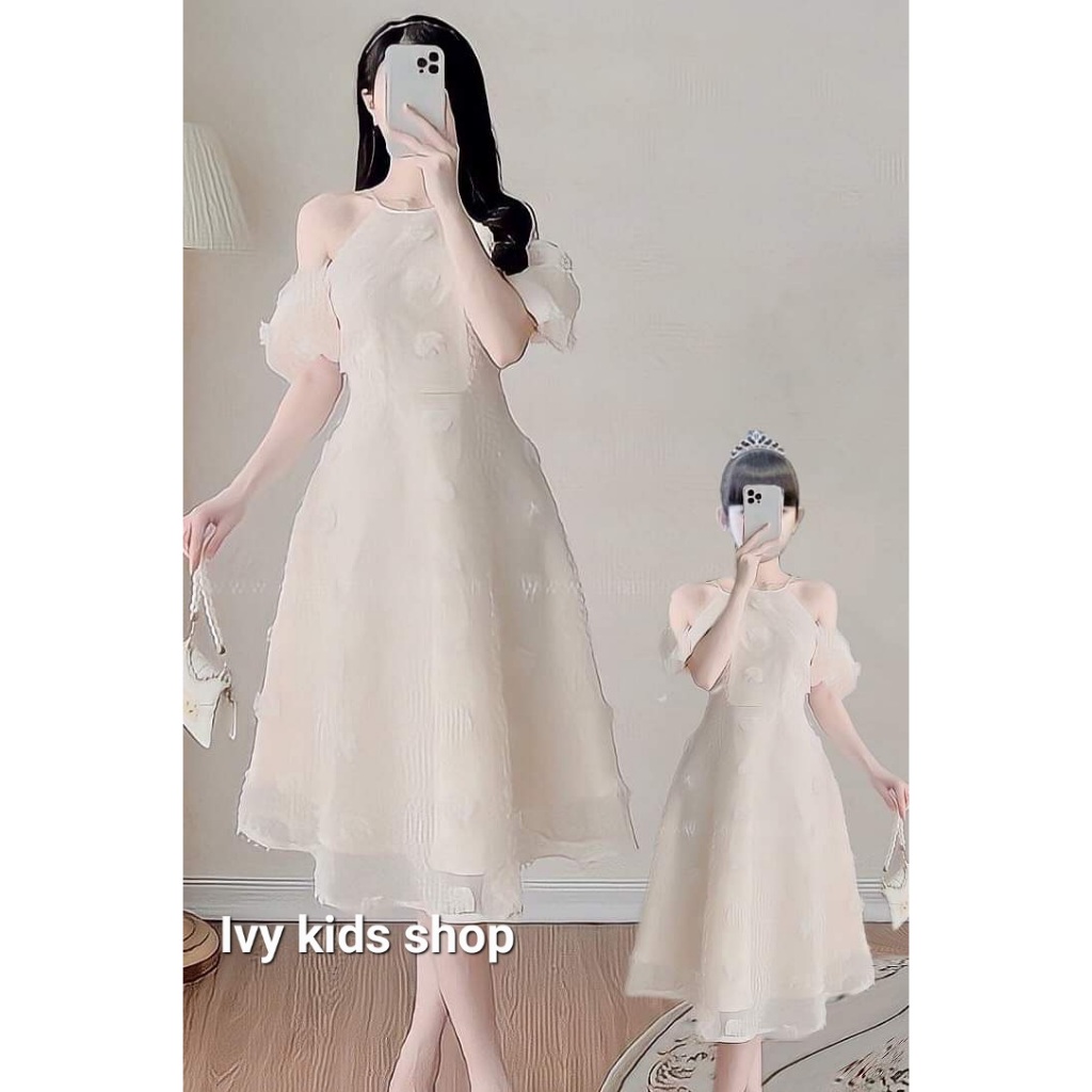 Váy đôi mẹ và bé - Đầm đi tiệc mẹ và bé gái voan hoa hàng thiết kế 2 lớp full size 10 - 70kg