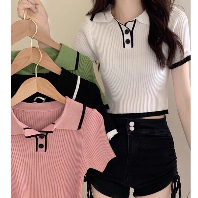 áo polo croptop len gân nữ tay ngắn kiểu cổ bẻ dáng ôm body dệt kim thời trang Quảng Châu cao cấp trẻ trung ❤️ Mao Store