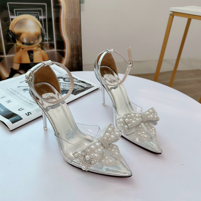 Giày tiểu thư- Sandal trong mũi nhọn nơ Ngọc gót bạc 9cm