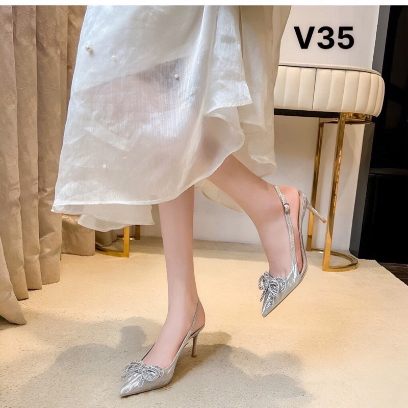 Giày sandal cao gót mũi nhọn Nơ Kim Tuyến gót nhọn 9cm, màu bạc