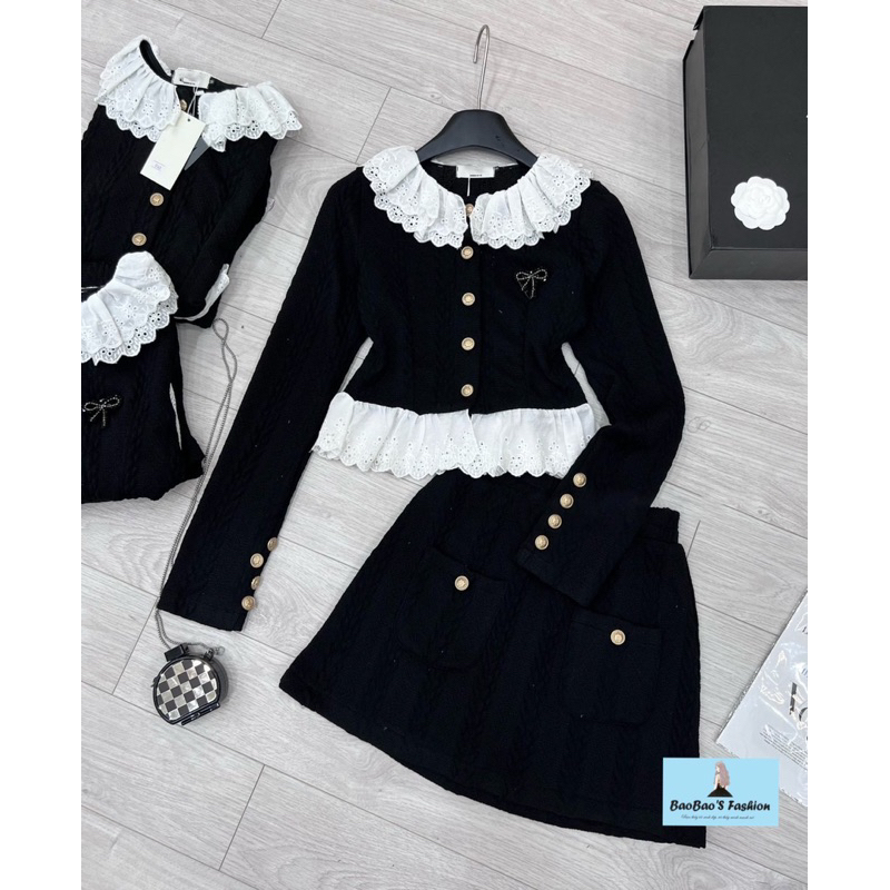 Set len thừng đen phối ren trắng thanh lịch