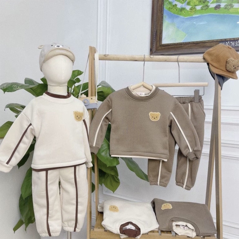 Bộ thu đông bé trai bé gái bộ đồ dài tay nỉ bông hình gấu thu đông cho bé hibabi