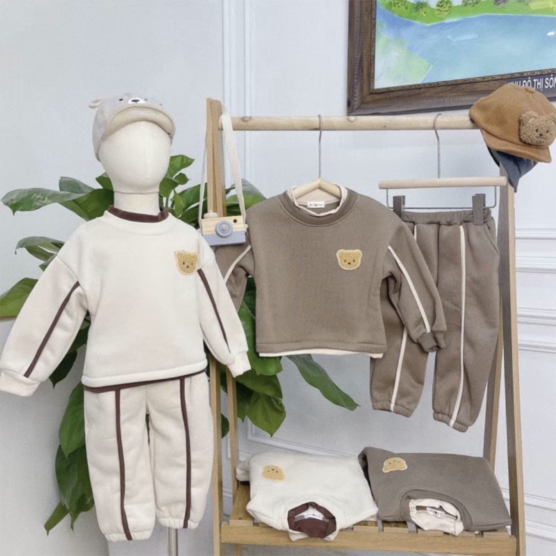 Bộ thu đông bé trai bé gái bộ đồ dài tay nỉ bông hình gấu thu đông cho bé hibabi