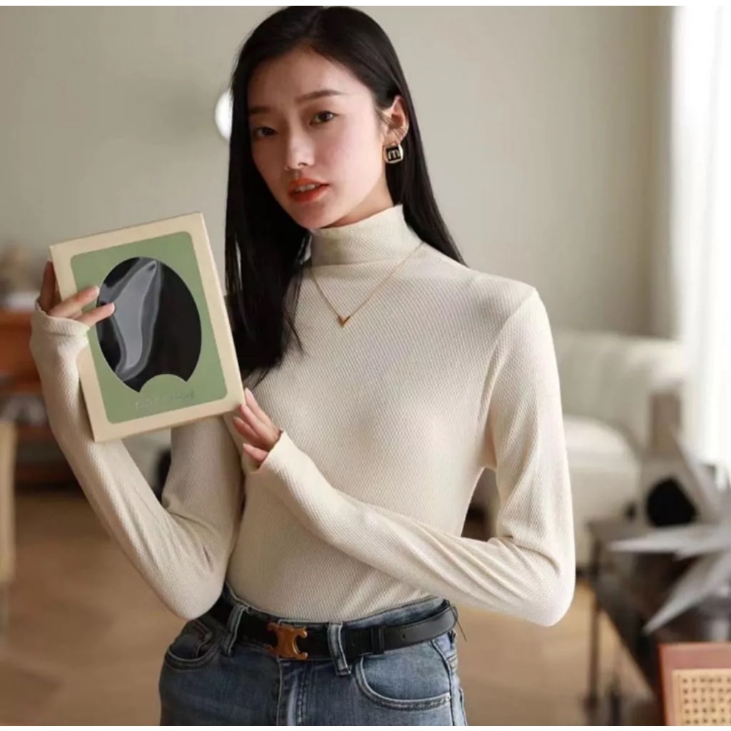 Áo giữ nhiệt nữ, Áo giữ nhiệt hạt gạo thun dài tay cổ 3 phâm full hộp (áo gạo)