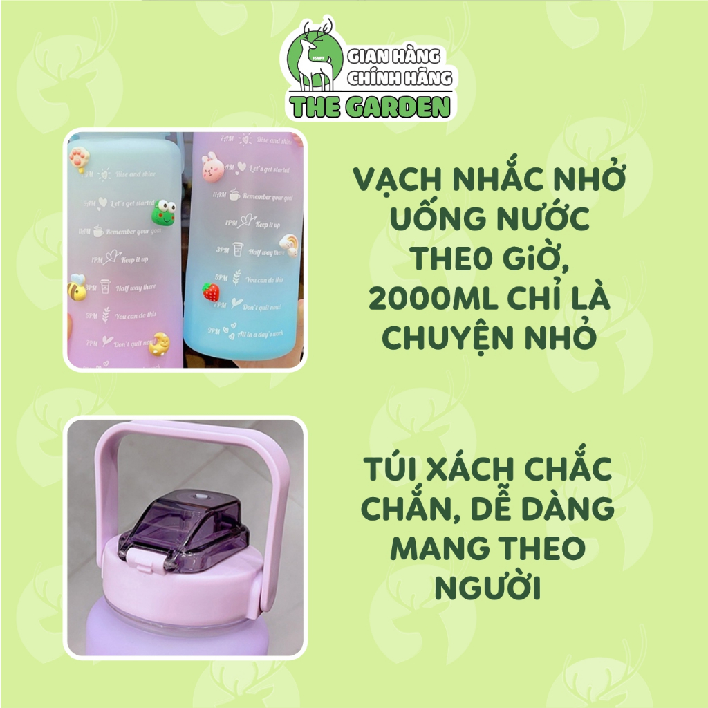 Bình nước 2 lít tặng Sticker THE GARDEN dành cho người lười uống nước, bình nước cute 2L có ống hút, vạch