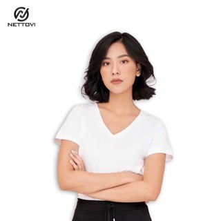 Áo thun nữ trơn cổ tim ngắn tay dáng suông cotton basic