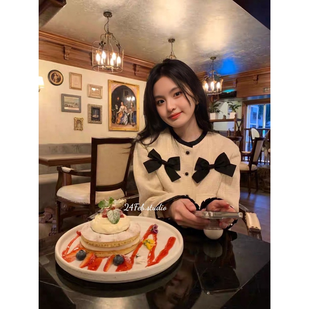 Set áo dạ tweed phối nơ kèm chân váy A viền beo phong cách ulzzang Hàn Quốc