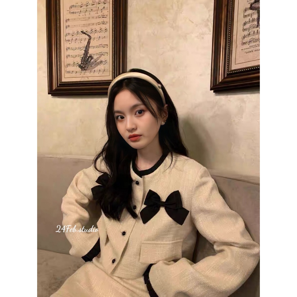 Set áo dạ tweed phối nơ kèm chân váy A viền beo phong cách ulzzang Hàn Quốc