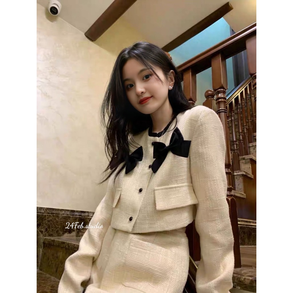 Set áo dạ tweed phối nơ kèm chân váy A viền beo phong cách ulzzang Hàn Quốc