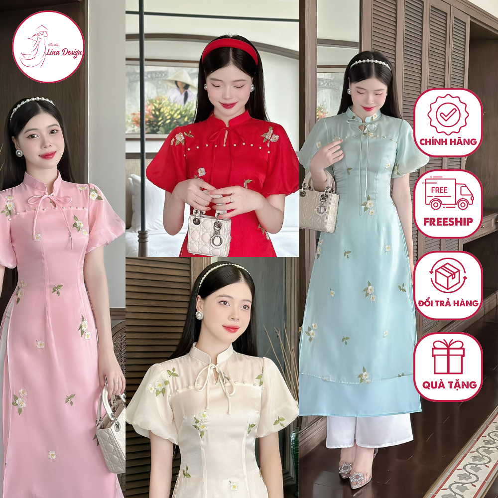 Áo dài cách tân nữ cao cấp chất liệu tơ kim sa 4 tà thiết kế cổ tàu thắt nơ kết hoa điệu đà thướt tha