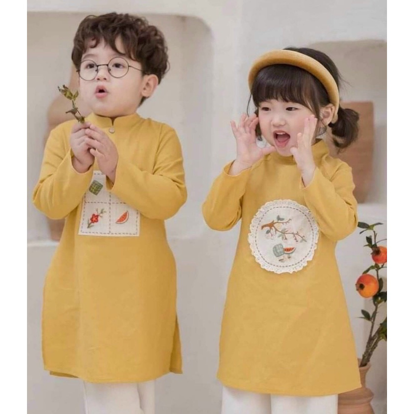 Áo Dài Đôi Tết Bé Trao Bé Gái Áo Dài Tết Cách Tân Chất Lụa Linen Mềm Mịn Mướt Tay Họa Tiết Thêu Sắc Nét Kèm Quần Lụa