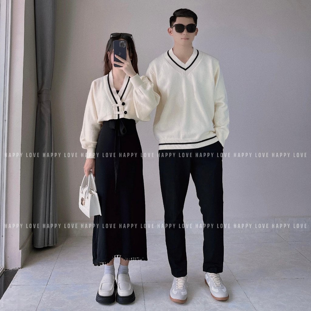 Đồ cặp nam nữ với người yêu set áo váy đôi hai chi tiết vải len dày mịn đẹp cao cấp màu be kem HAPPYLOVE H135