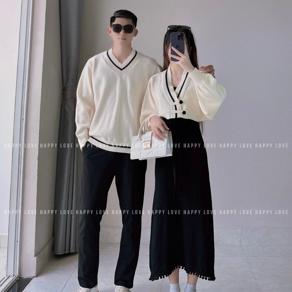 Đồ cặp nam nữ với người yêu set áo váy đôi hai chi tiết vải len dày mịn đẹp cao cấp màu be kem HAPPYLOVE H135