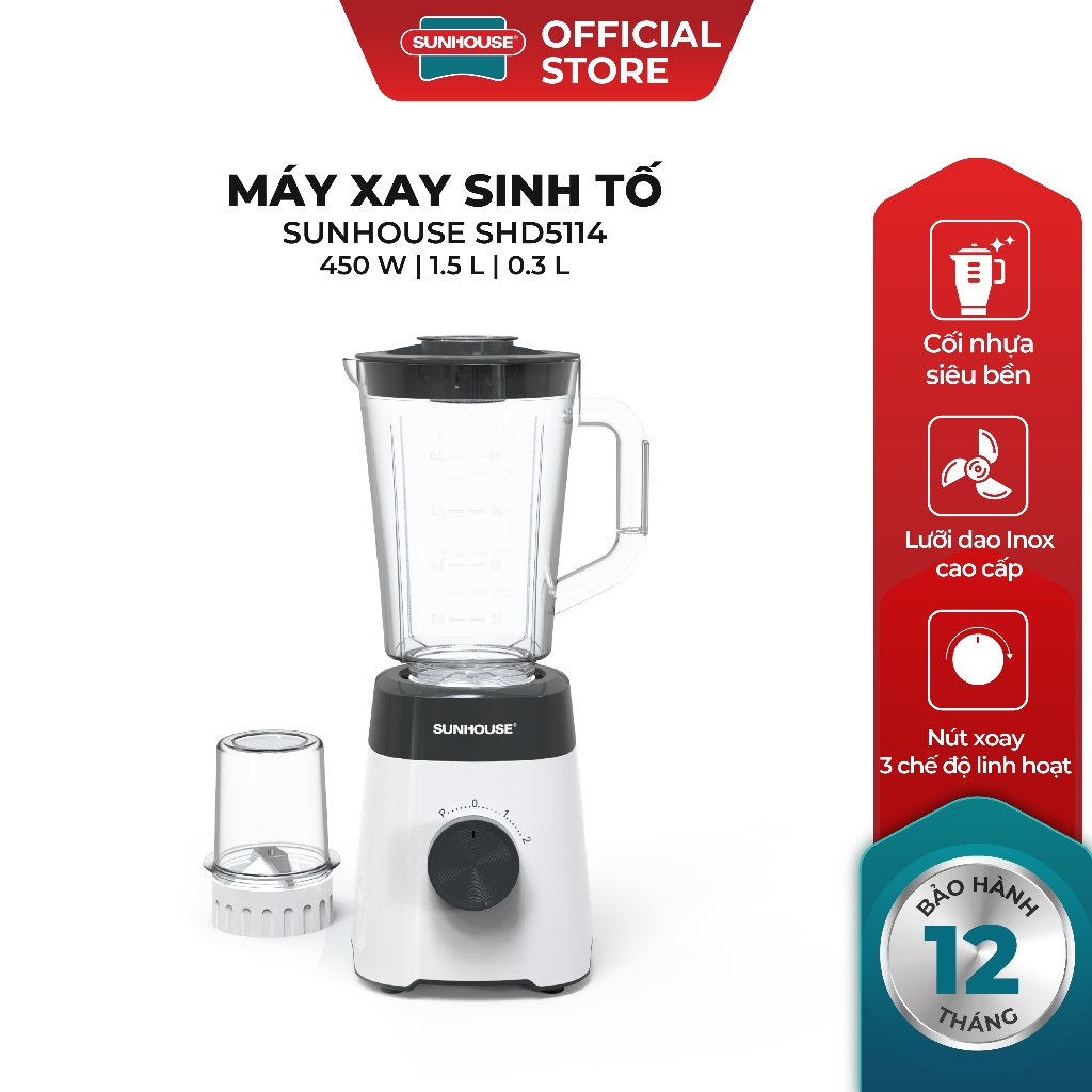 Máy xay sinh tố đa năng Sunhouse SHD5114 - Công suất 450W - Lưỡi dao Inox sắc bén - 3 chức năng - Hàng chính hãng