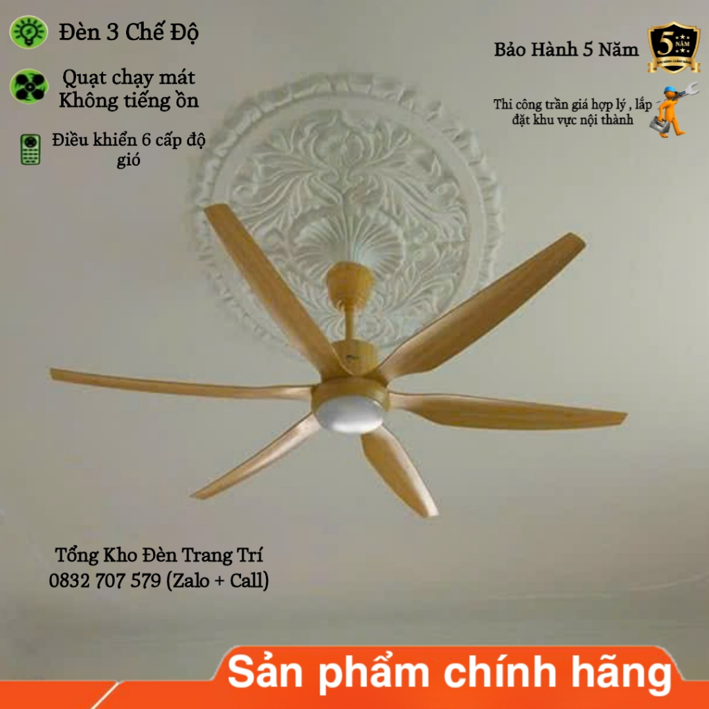 Quạt Trần Đèn, Quạt Trần 6 Cánh 8088GD, 6 Cấp Độ Gió, 3 Chế Độ Đèn, Điều Khiển Từ Xa