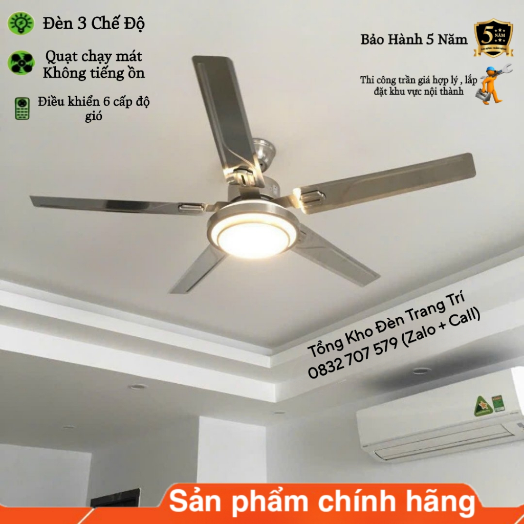 Quạt Trần Đèn, Quạt Trần 5 Cánh 8008, 6 Cấp Độ Gió, 3 Chế Độ Đèn, Điều Khiển Từ Xa