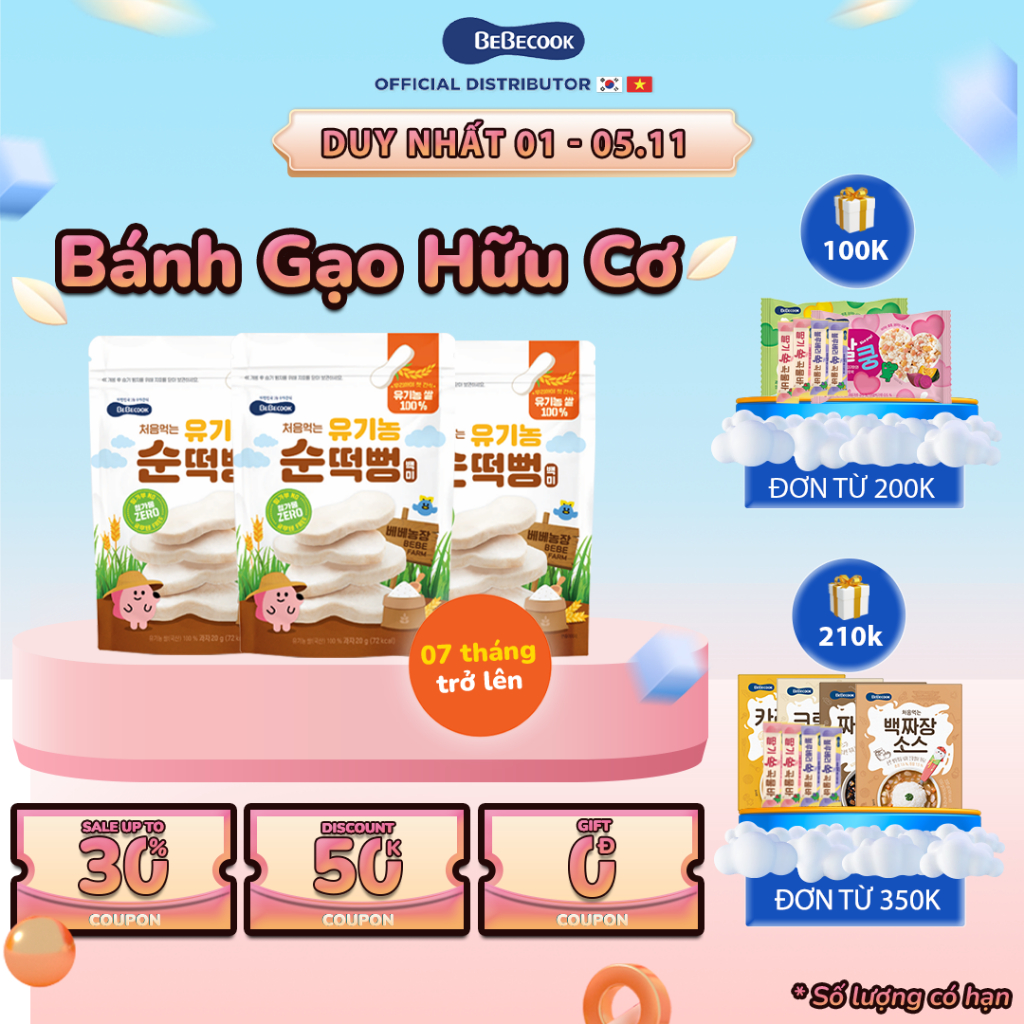 Bánh gạo hữu cơ ăm dặm cho bé BeBecook dành cho trẻ 7 tháng tuổi 20g/gói