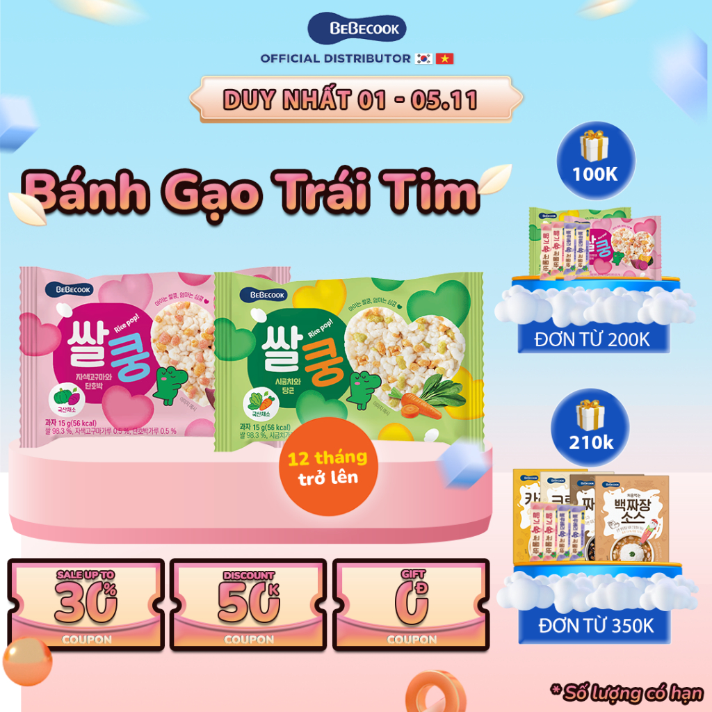 Bánh gạo cho bé ăn dặm BeBecook hình trái tim nhiều vị rau củ quả 15gr/gói