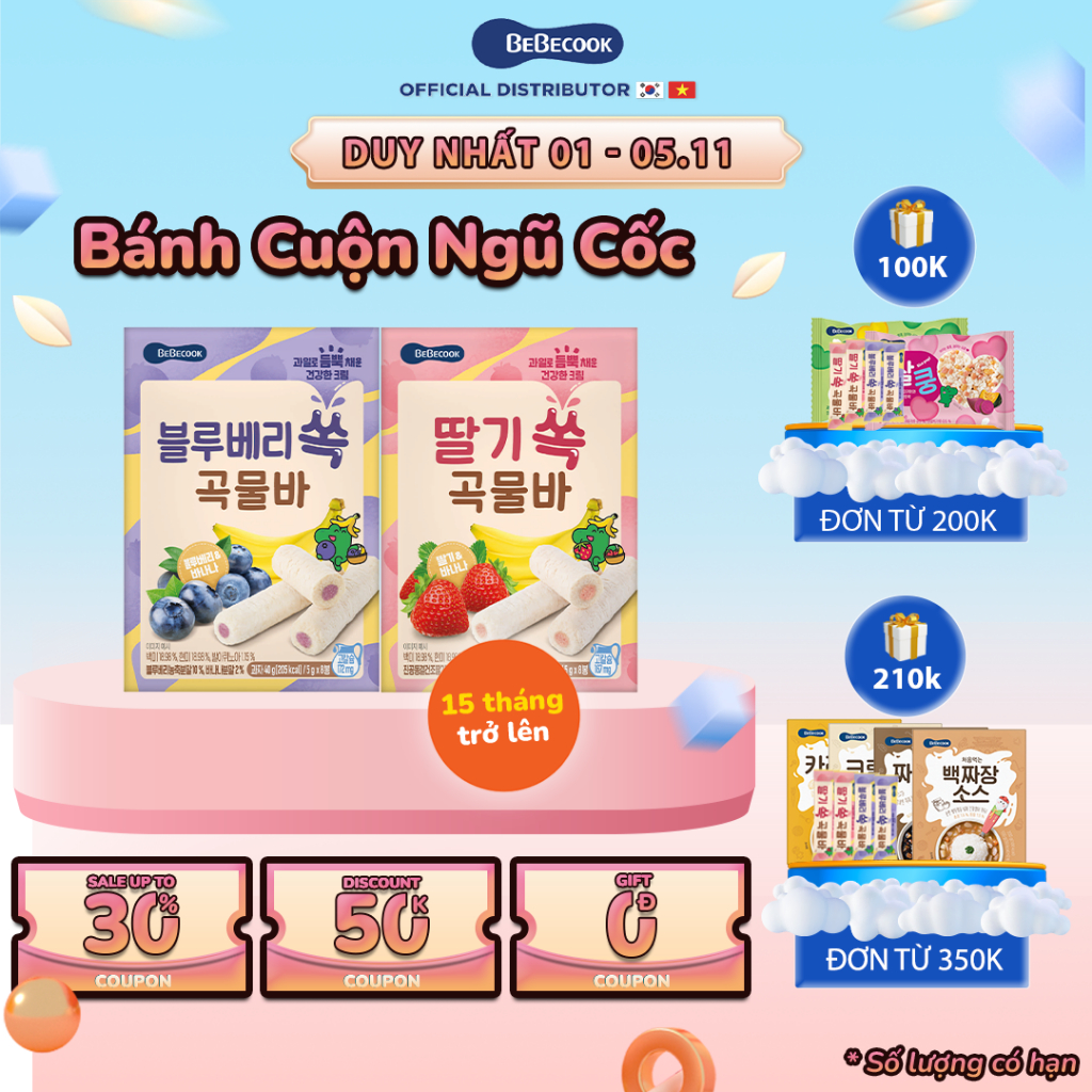Bánh ngũ cốc ăn dặm cho bé BeBecook dạng thanh cuộn vị trái cây hữu cơ 40gr/gói