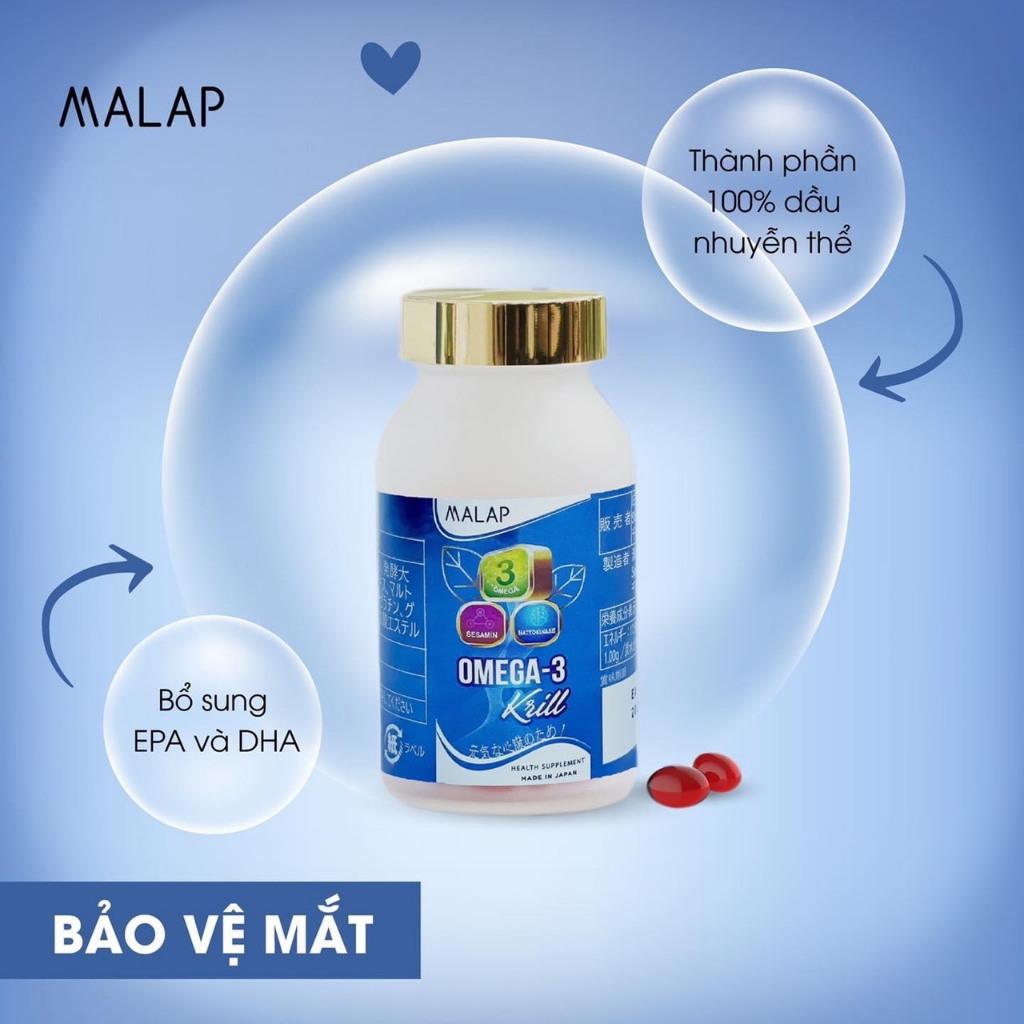 Viên Uống tăng cường thị lực, tim mạch và não bộ Omega 3 Krill MALAP Nhật